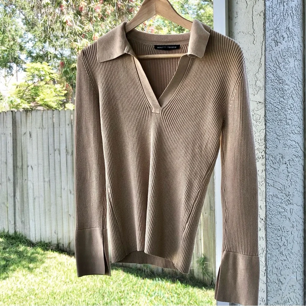 Boston Proper Ribbed Polo Sweater Tan Small Knit Preppy Classic